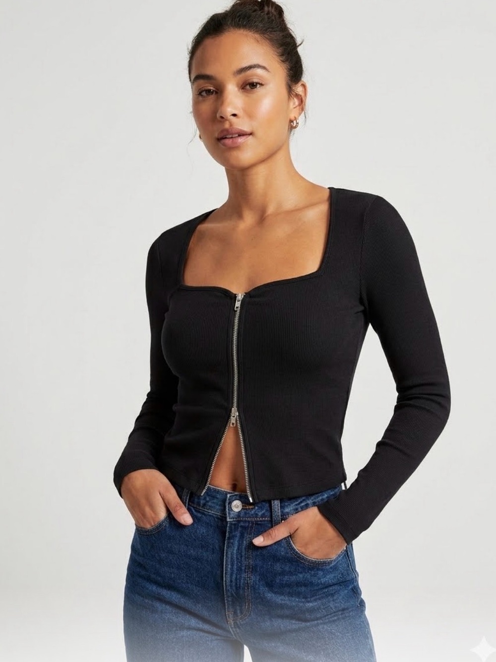 Abercrombie & Fitch Women’s Black Knit Full Zip Square Neck Cardigan Sweater M